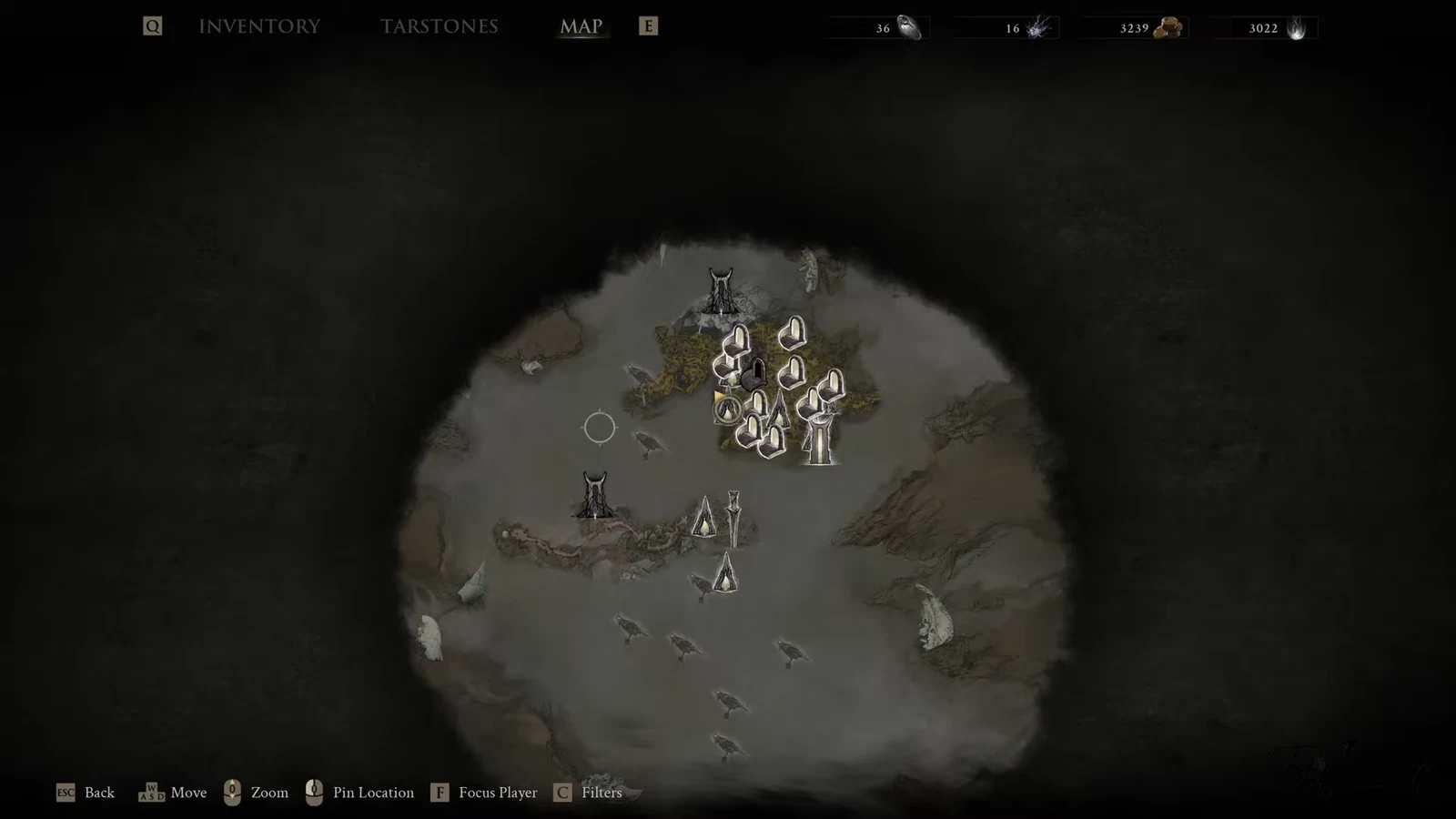Fallgrim map with several location markers clustered near the starting beacon