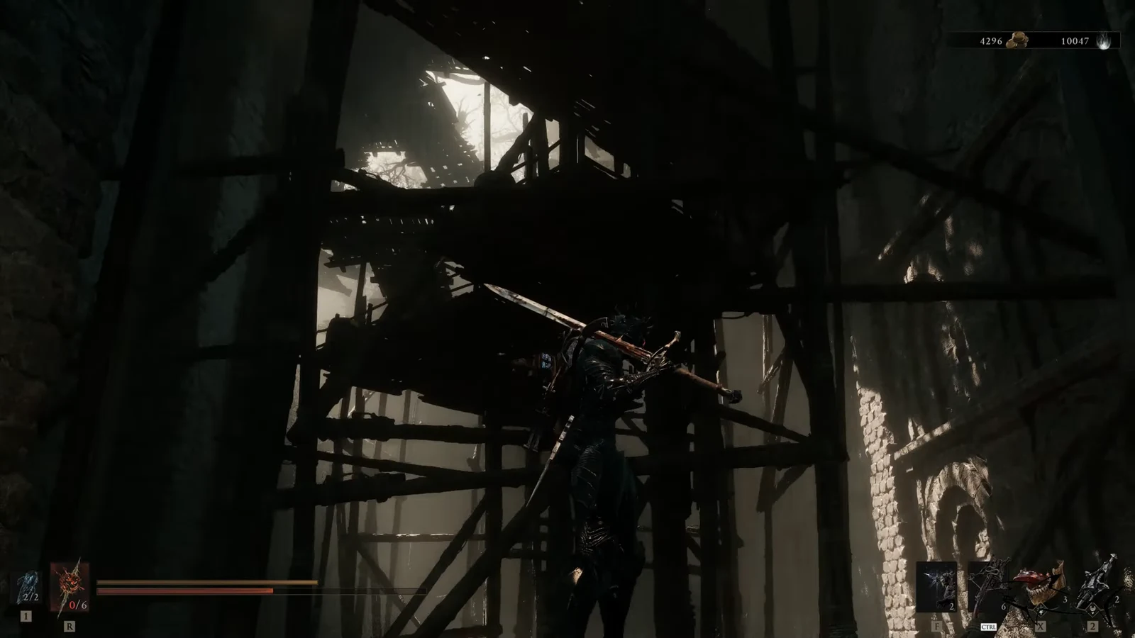 Armored character with a drawn weapon crossing a ruined wooden scaffold in the flooded dungeon