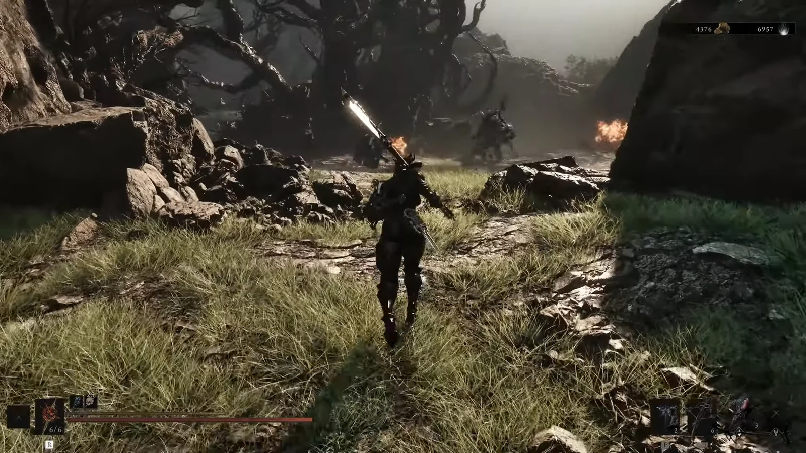 Harbinger charging into enemies with a drawn weapon as burn explosions go off nearby
