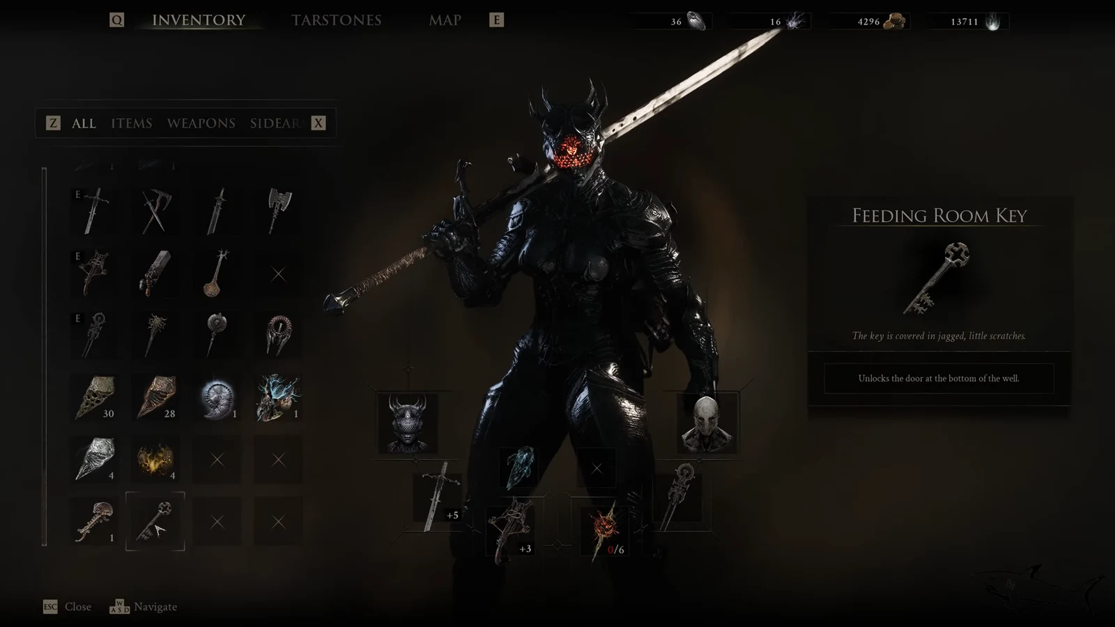 Inventory screen with the Feeding Room Key selected and its unlock description shown