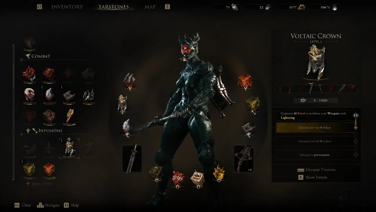 The Voltaic Crown entry in the Tarstone menu, listing the Lightning infusion duration per level.