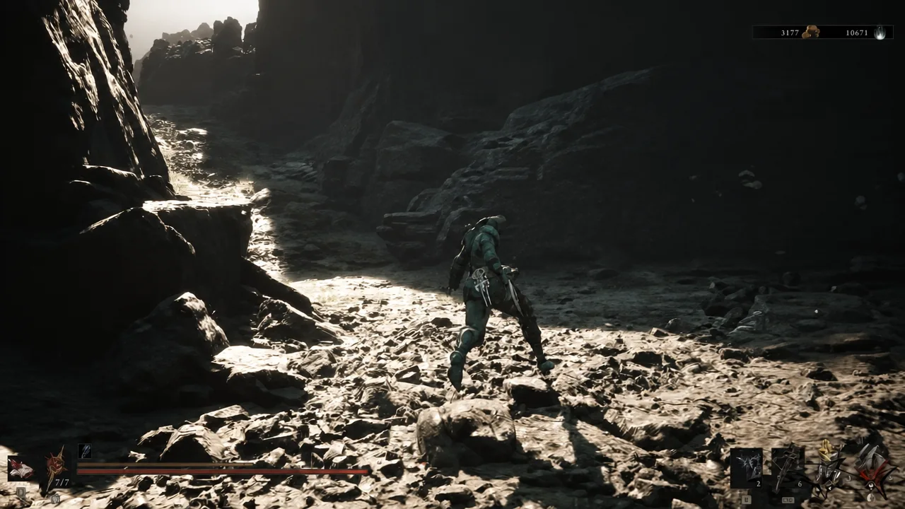 Harbinger moving through a dim rocky cavern with the lightning-infused weapon equipped