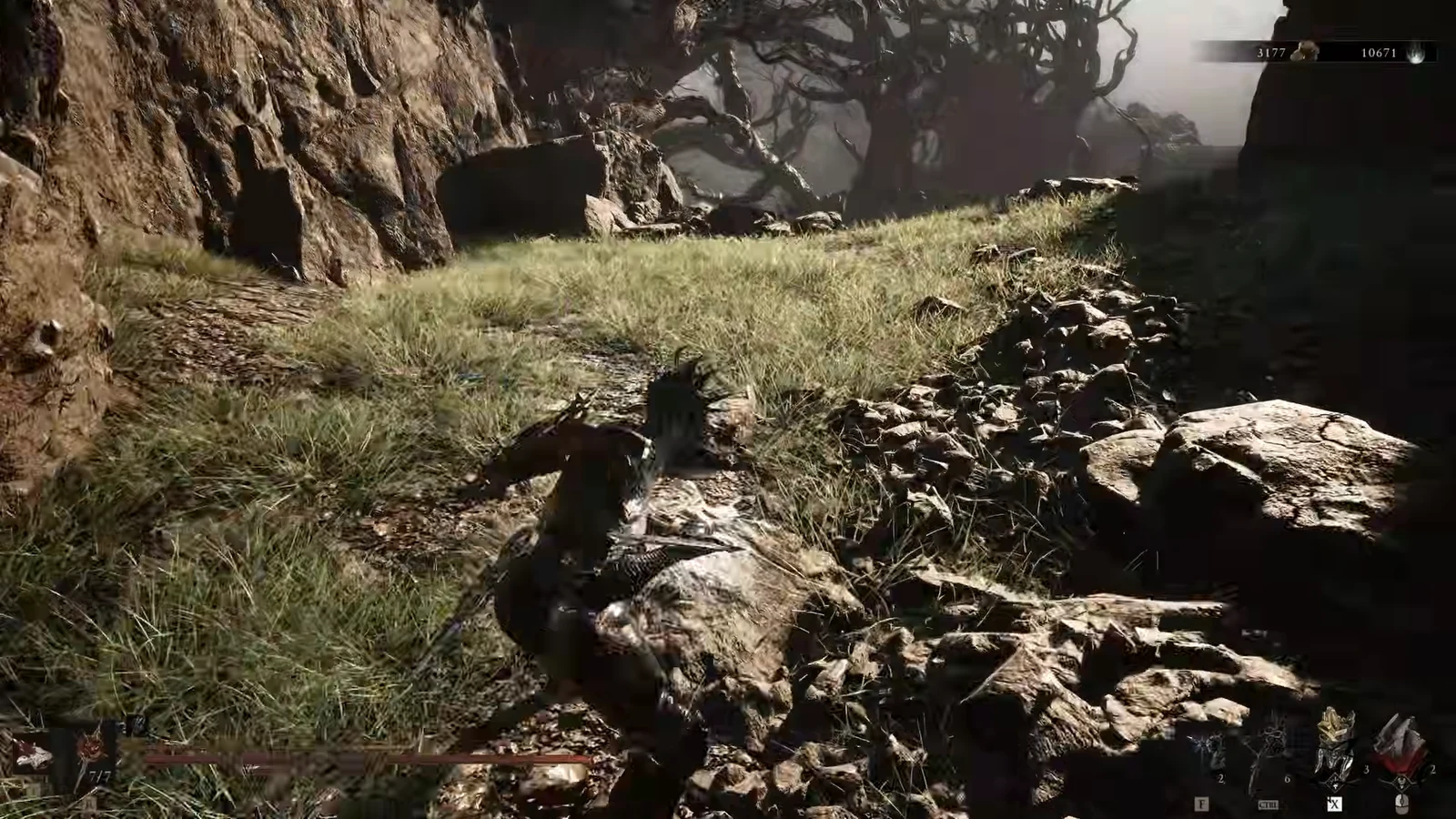 Traversing a grassy rocky hillside toward Nochtean Gate with the HUD showing health and resources