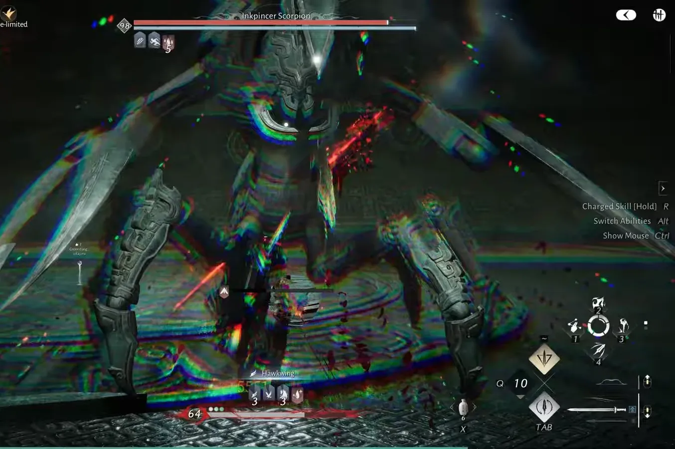 Combat HUD showing Hawkwing skills and charged-skill inputs during the scorpion fight
