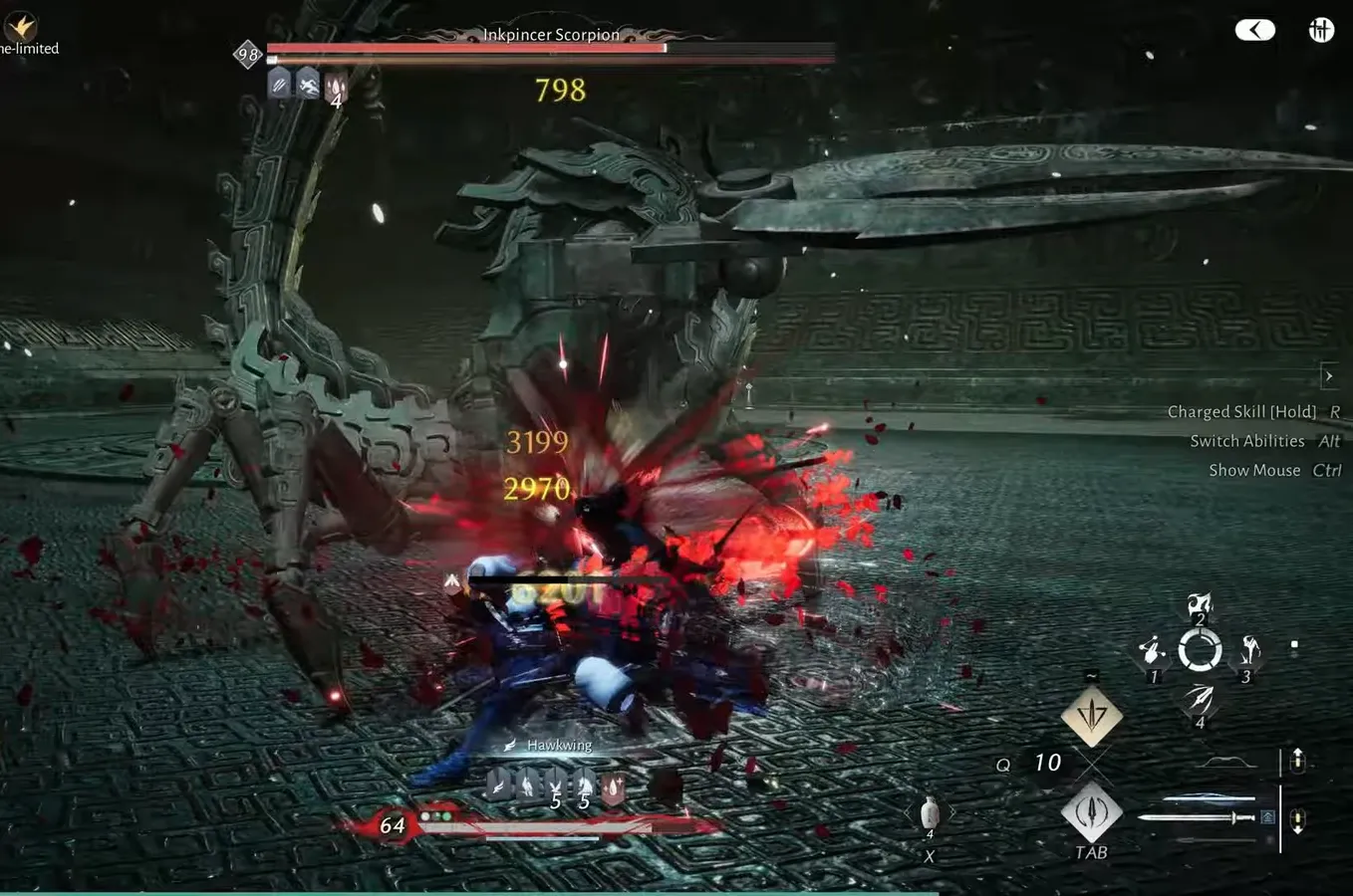 Player striking the level 98 Inkpincer Scorpion with a Hawkwing skill mid-fight