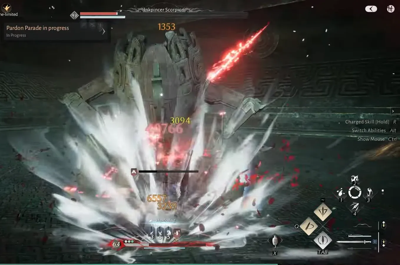 Heavy ice-style sword skill connecting with the scorpion in the fight's final phase