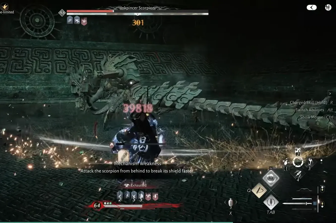Player circling behind the Inkpincer Scorpion to keep hitting its rear after a counter