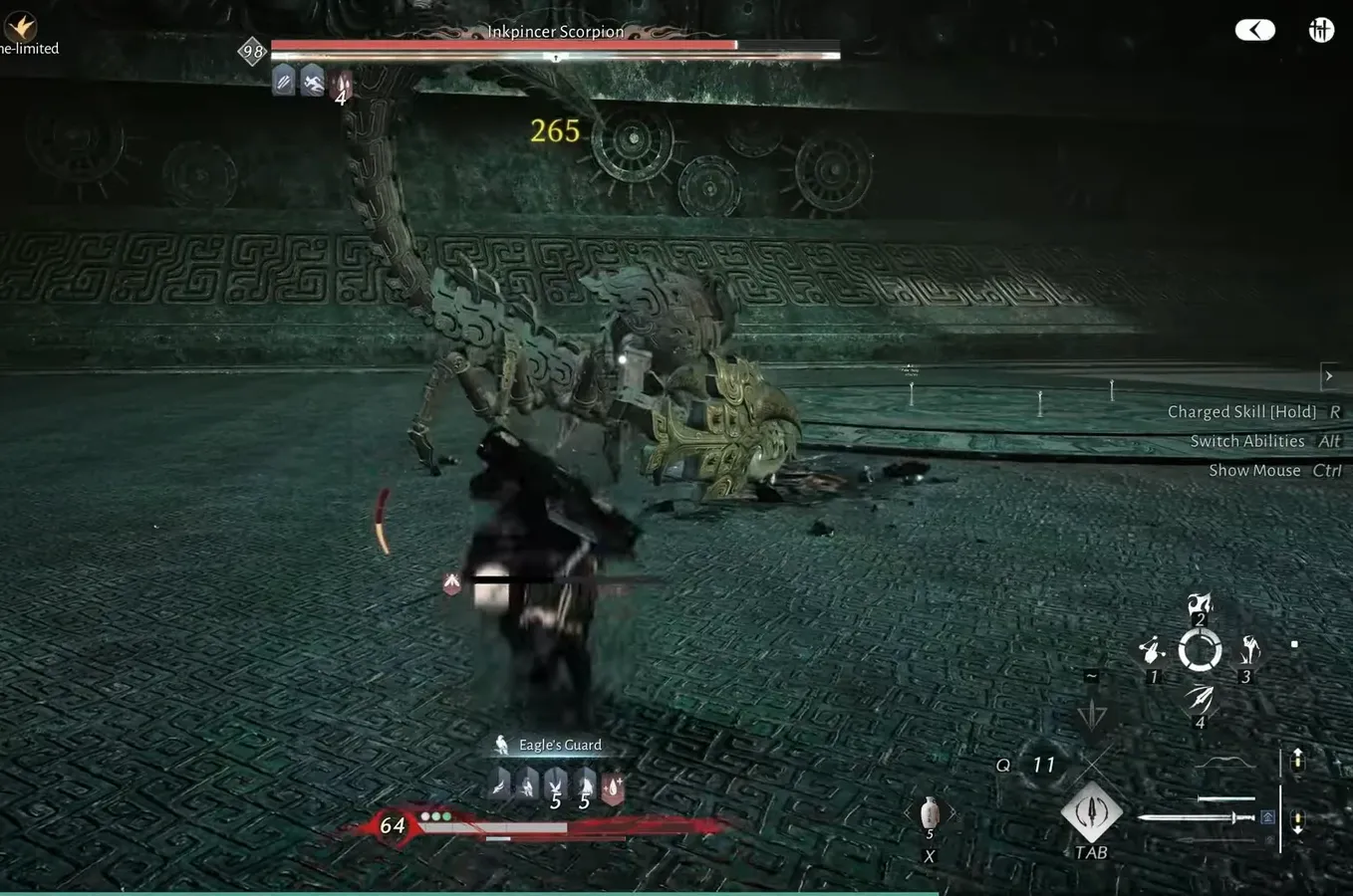 Charged Skill prompt appears while the player pressures the shielded scorpion, boss health bar visible