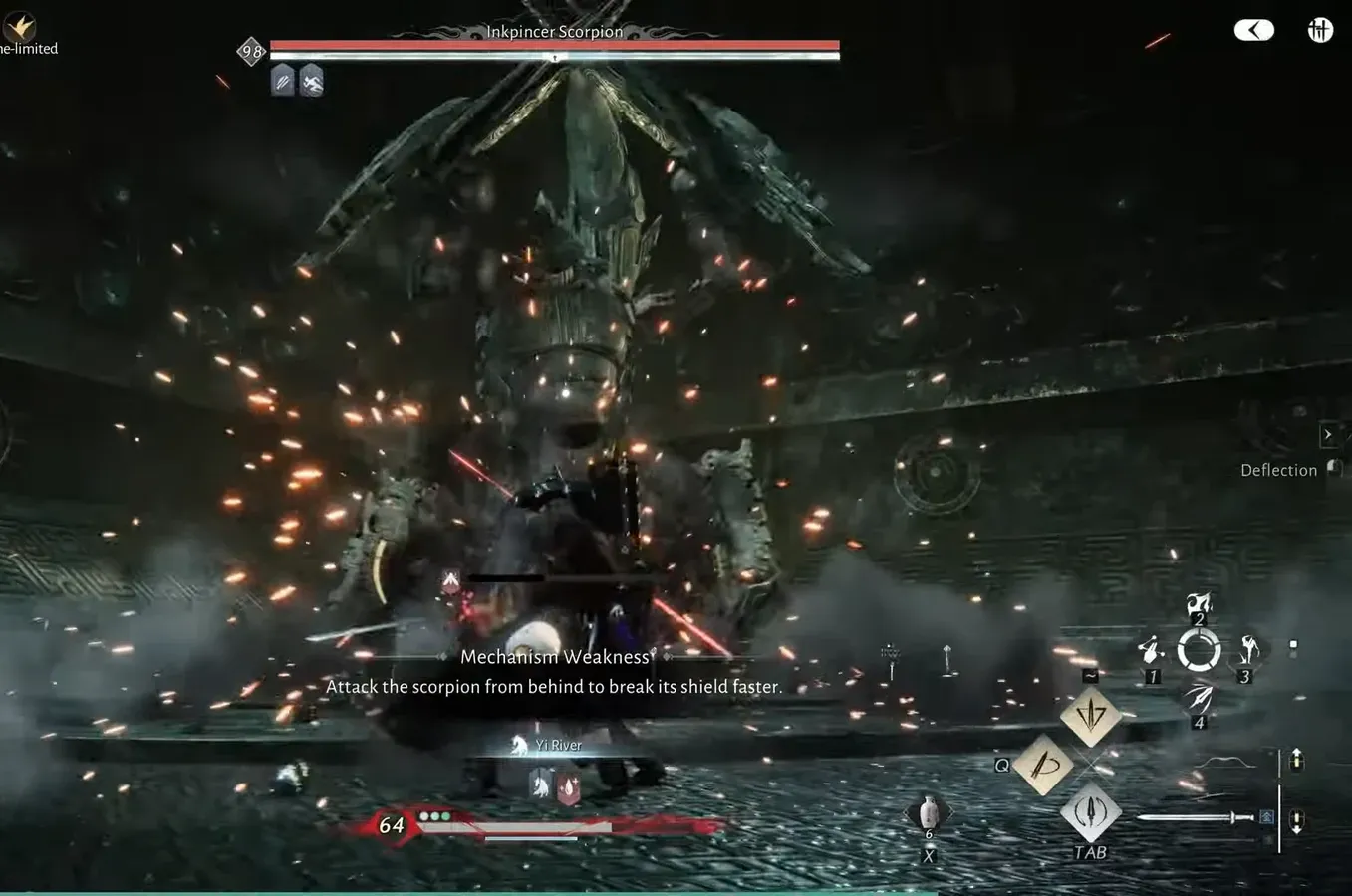 On-screen Mechanism Weakness prompt telling the player to attack the scorpion from behind