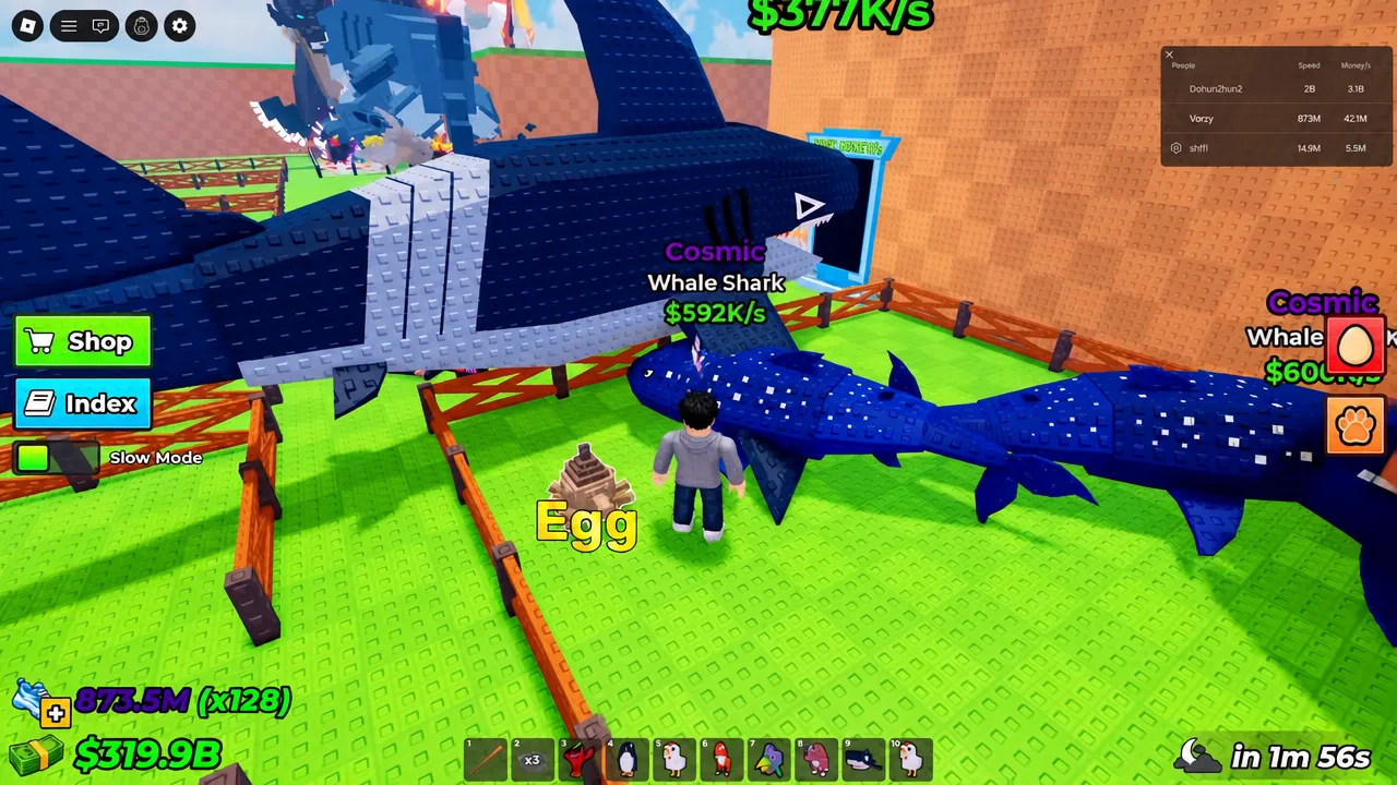A highlighted egg sits beside the player while Cosmic Whale Shark pets fill the pen enclosure.