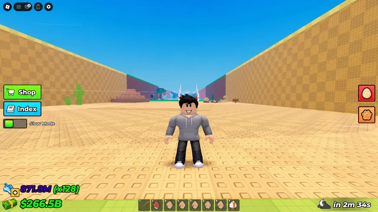 Player avatar standing idle in the arena with Shop and Index buttons on screen.