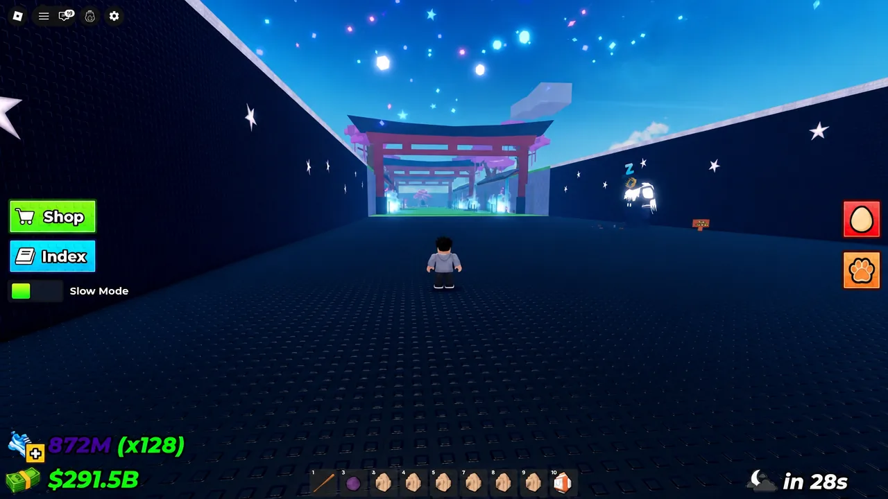 Avatar heading toward a torii gate with Slow Mode active in a near-empty server.