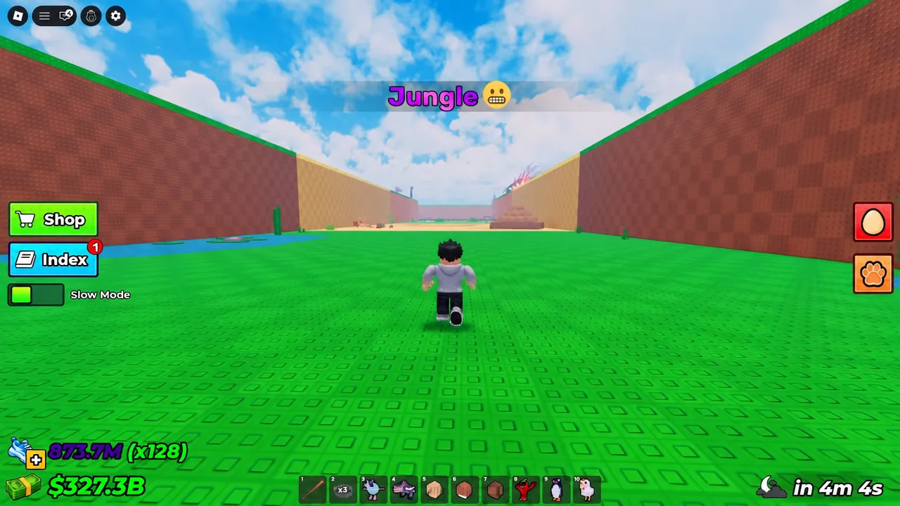 Player running forward through the grassy Jungle arena on the way to an egg spawn.