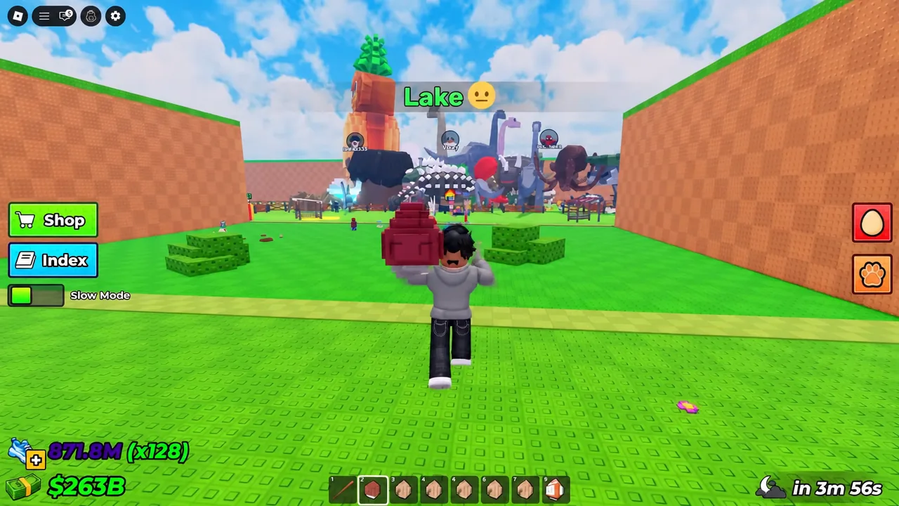 Avatar carrying a red egg forward through the Lake area with the Shop button on the left.