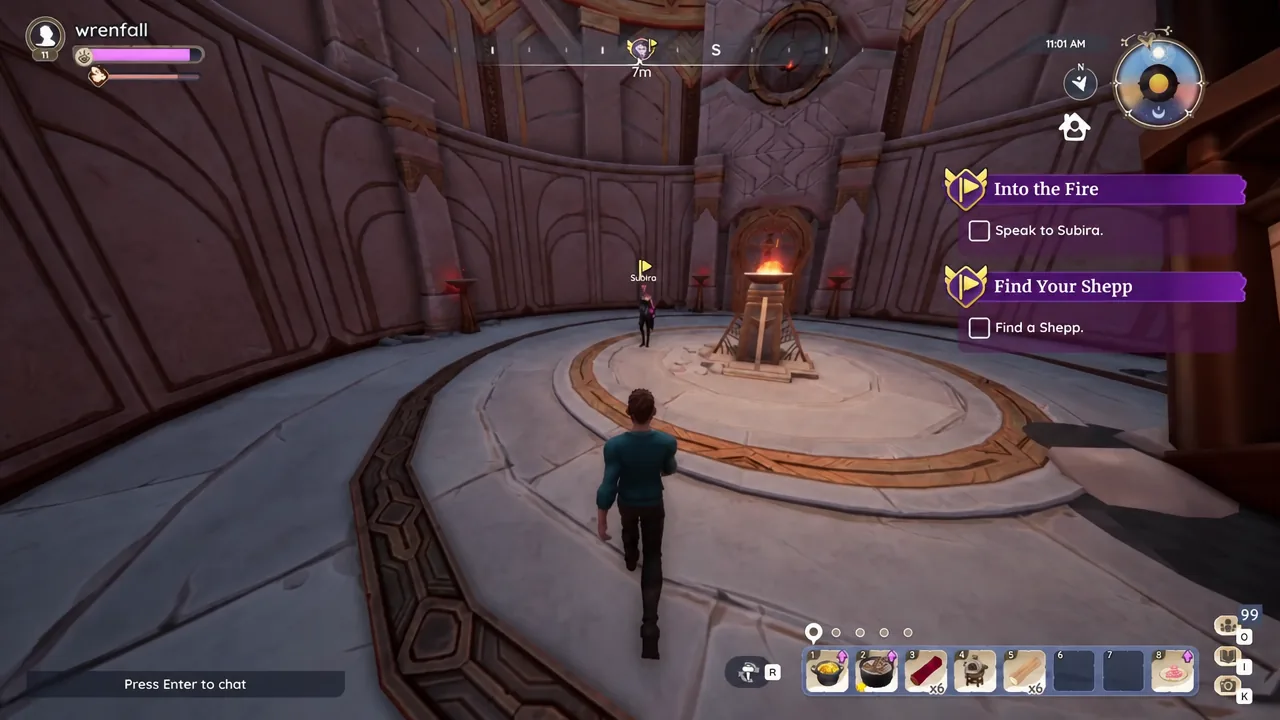 Into the Fire quest tracker showing the Speak to Subira objective as the player walks up to her