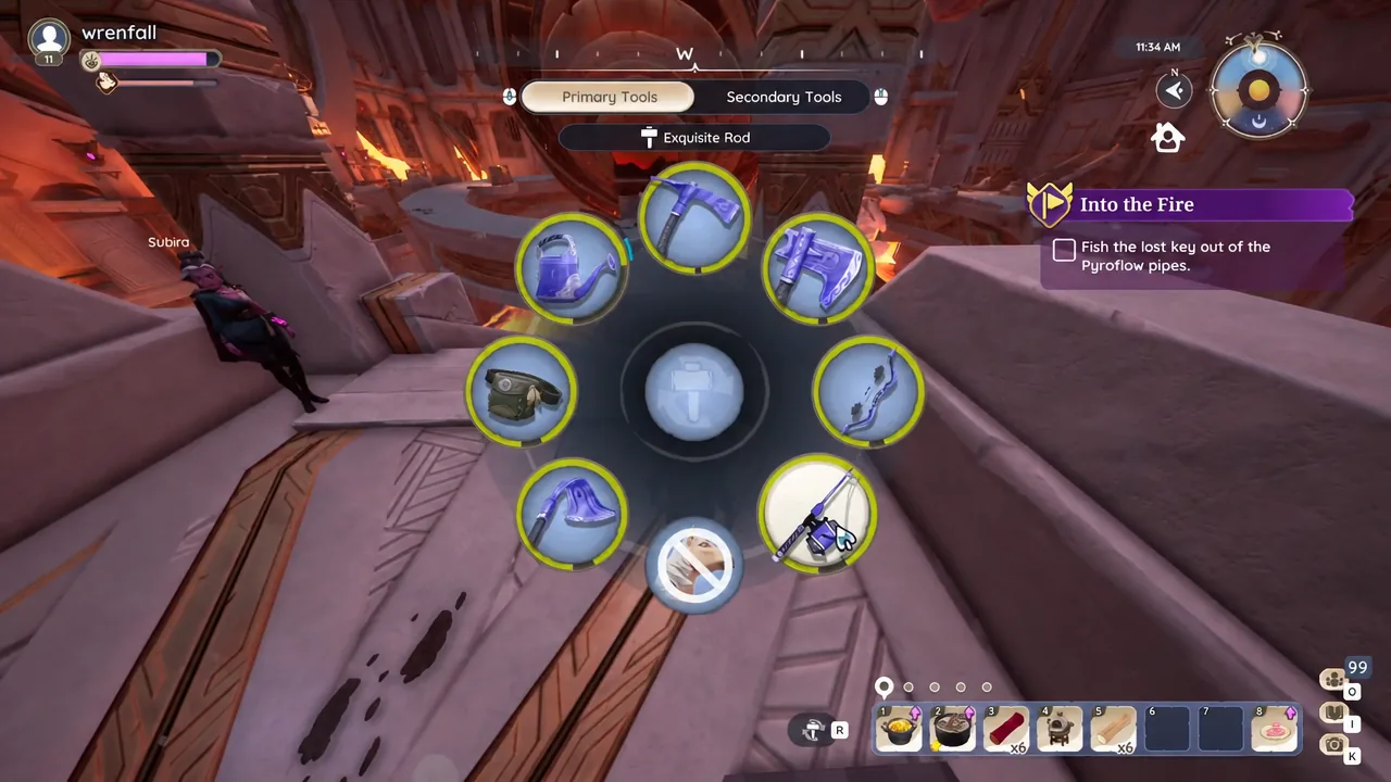 Primary Tools radial menu with the Exquisite Rod highlighted before fishing in the lava pipe