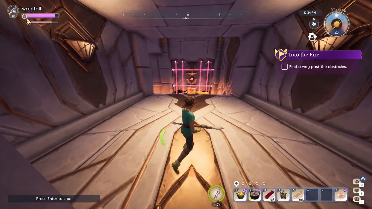Character facing a glowing laser barrier with the Find a way past the obstacles objective active