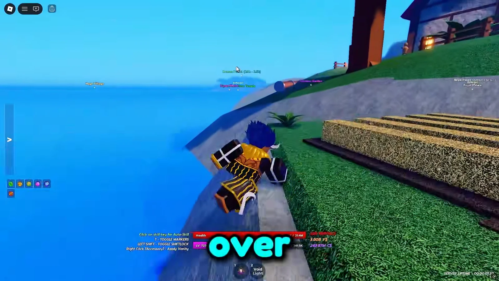 Player avatar running along a grassy ledge by the water toward the Lunar Shrine