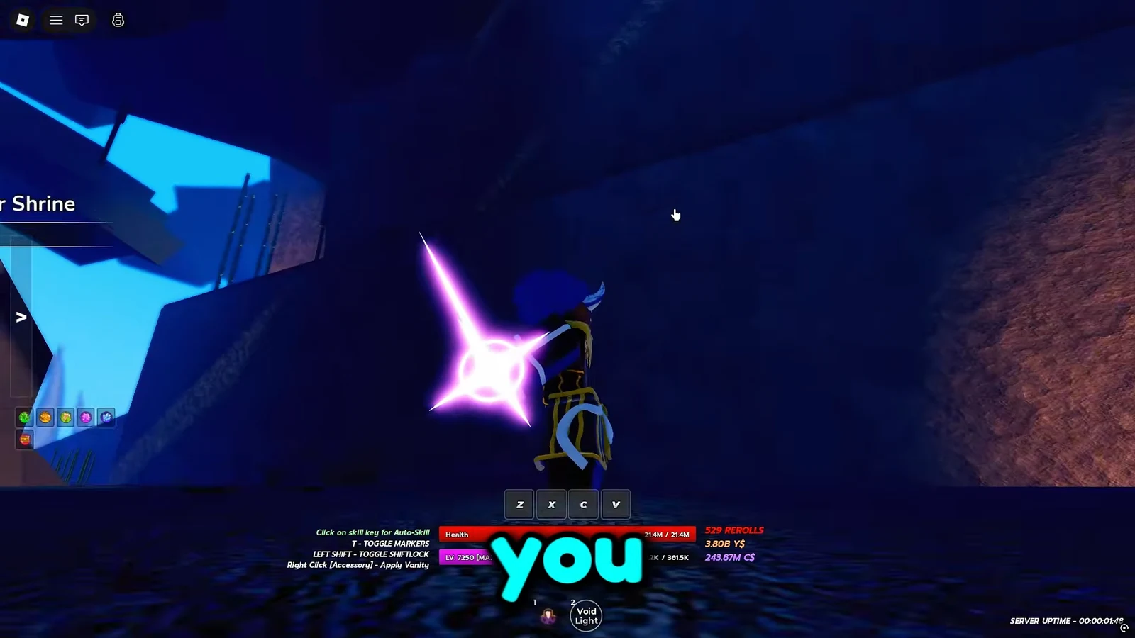 Character casting a purple ability near the shrine with the Z, X, C, V skill bar showing