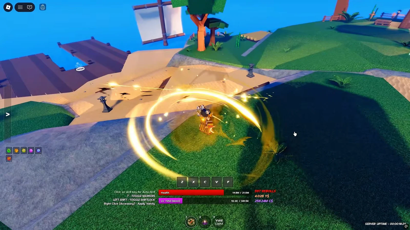 Character casting a golden area-of-effect skill with Z, X, C, V and F ability buttons visible
