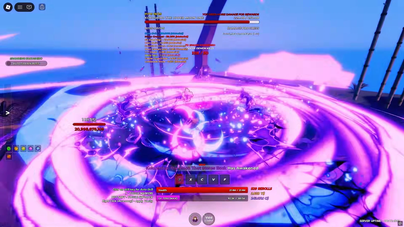 Kokushibo boss fight with Z, X, C, V and F skill prompts visible during his awakened phase