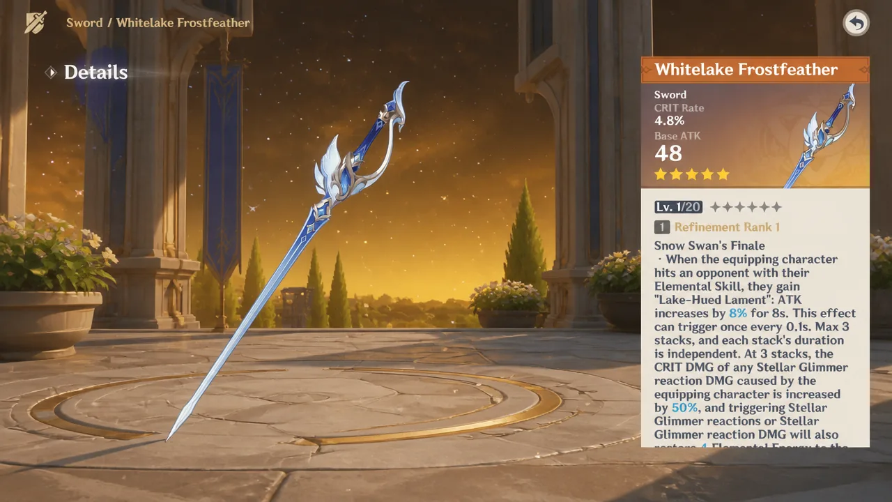 Whitelake Frostfeather weapon details screen showing stats and passive