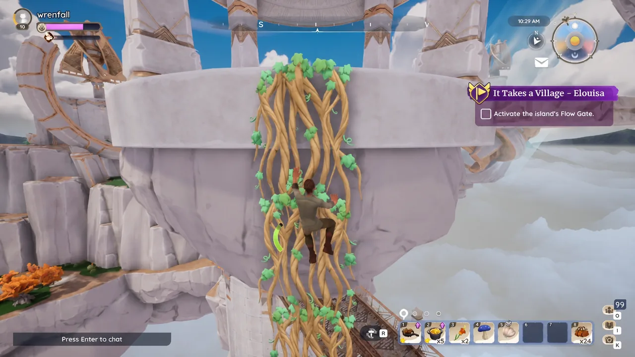 Player climbing a wall of hanging vines up to a higher floating platform