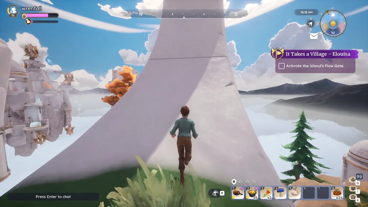 Quest tracker showing the objective to activate the island's Flow Gate as the player heads east