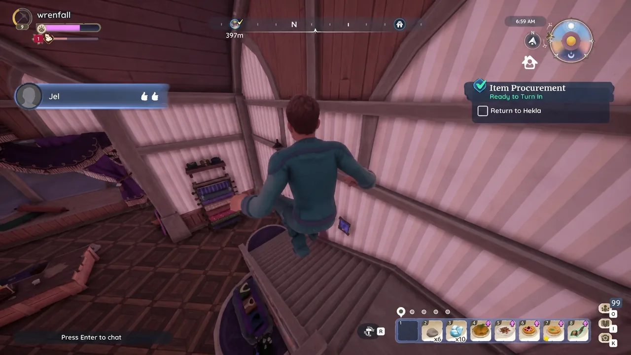 Item Procurement quest tracker showing the Return to Hekla objective inside a tent at the ruins