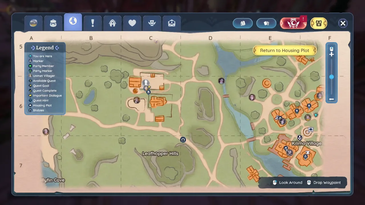 Palia map screen open on Kilima Village showing shop, player, and quest markers