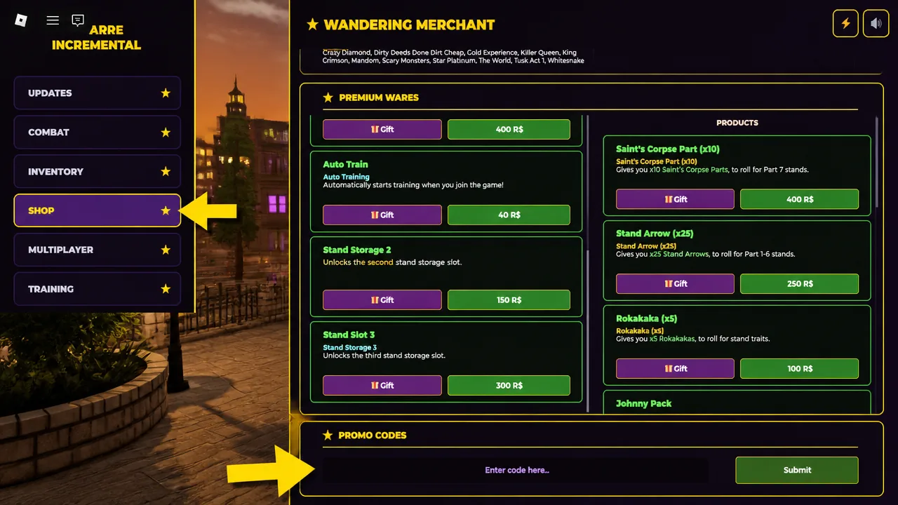 Promo Codes field in the Shop menu where a code is typed before redeeming