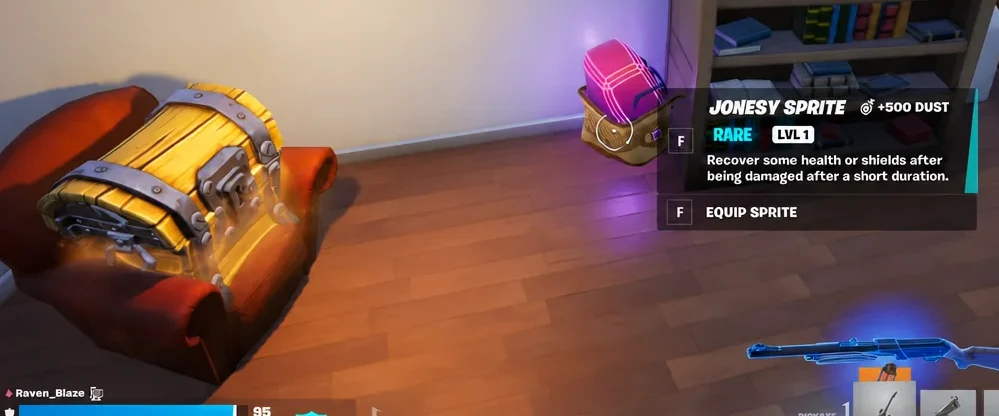 The Jonesy Sprite pickup panel in Fortnite with the equip prompt showing
