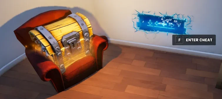 Fortnite gameplay with the ENTER CHEAT interact prompt lit up next to a chest