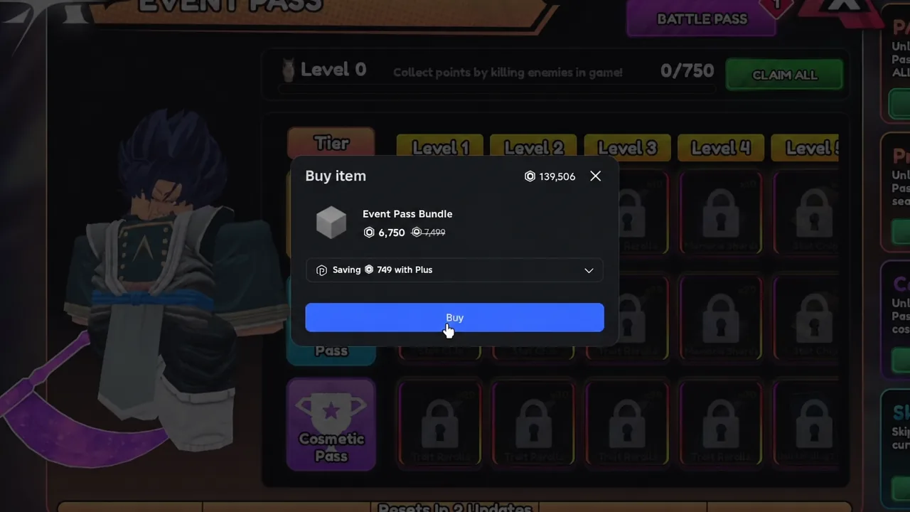 Roblox buy item confirmation dialog for the Event Pass Bundle with the Buy button highlighted