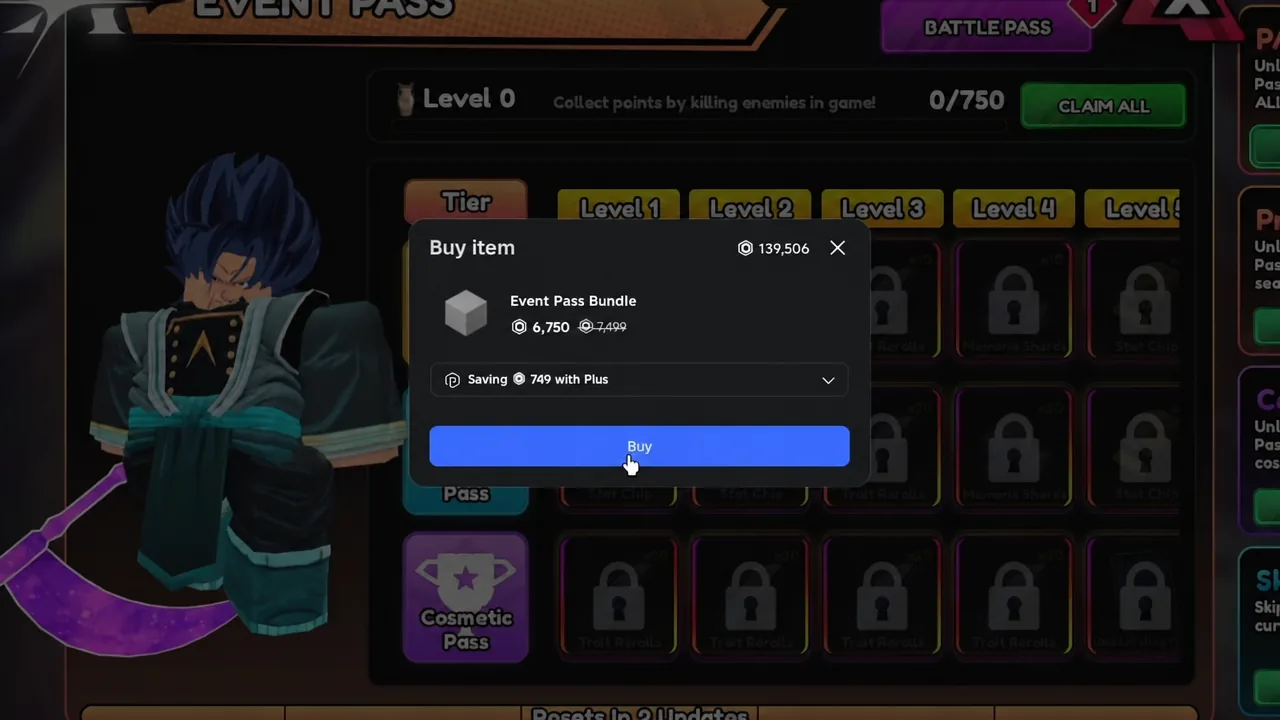 Roblox purchase confirmation dialog for the Anime Vanguards Event Pass Bundle