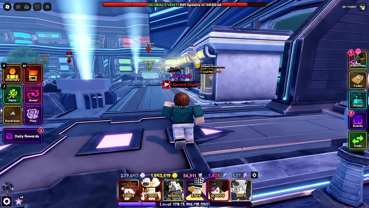 Anime Vanguards hub lobby with the menu buttons lined up on the right side of the screen