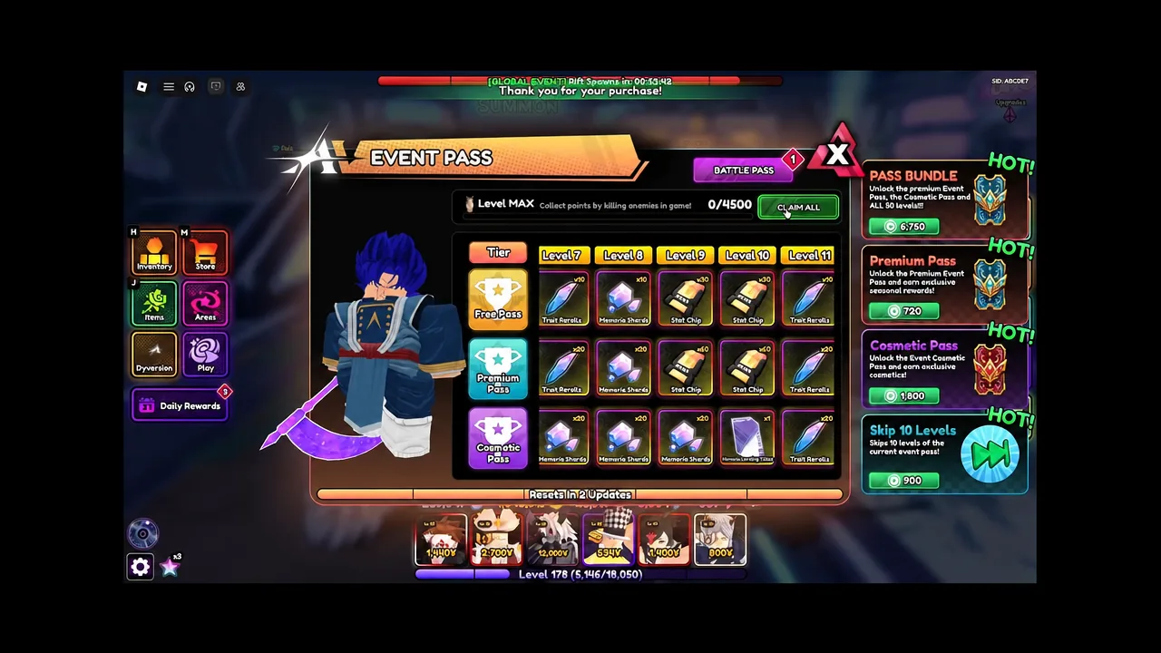 Anime Vanguards Event Pass screen with the CLAIM ALL button highlighted