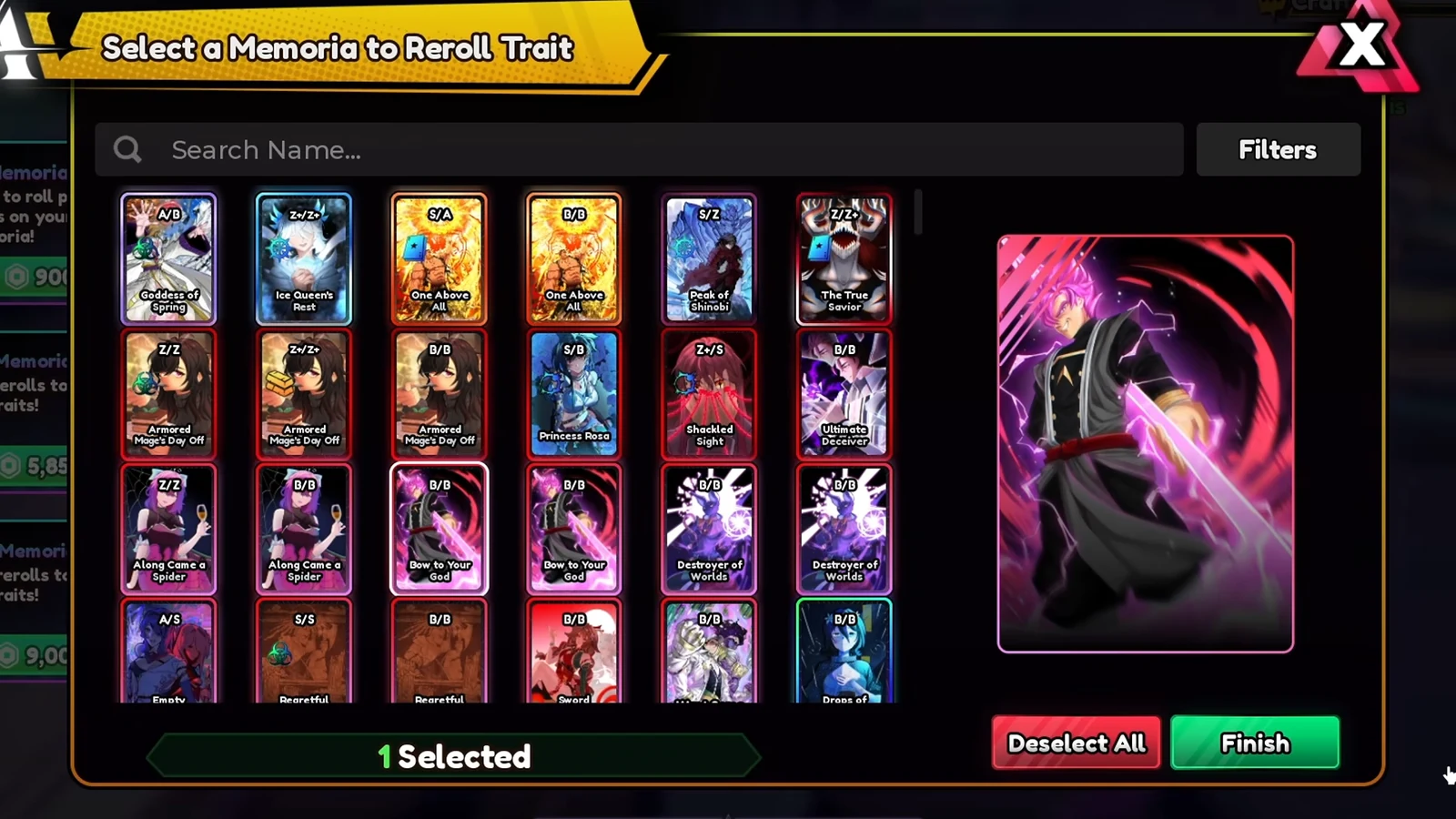 Memoria trait reroll selection screen with Bow to Your God highlighted and selected