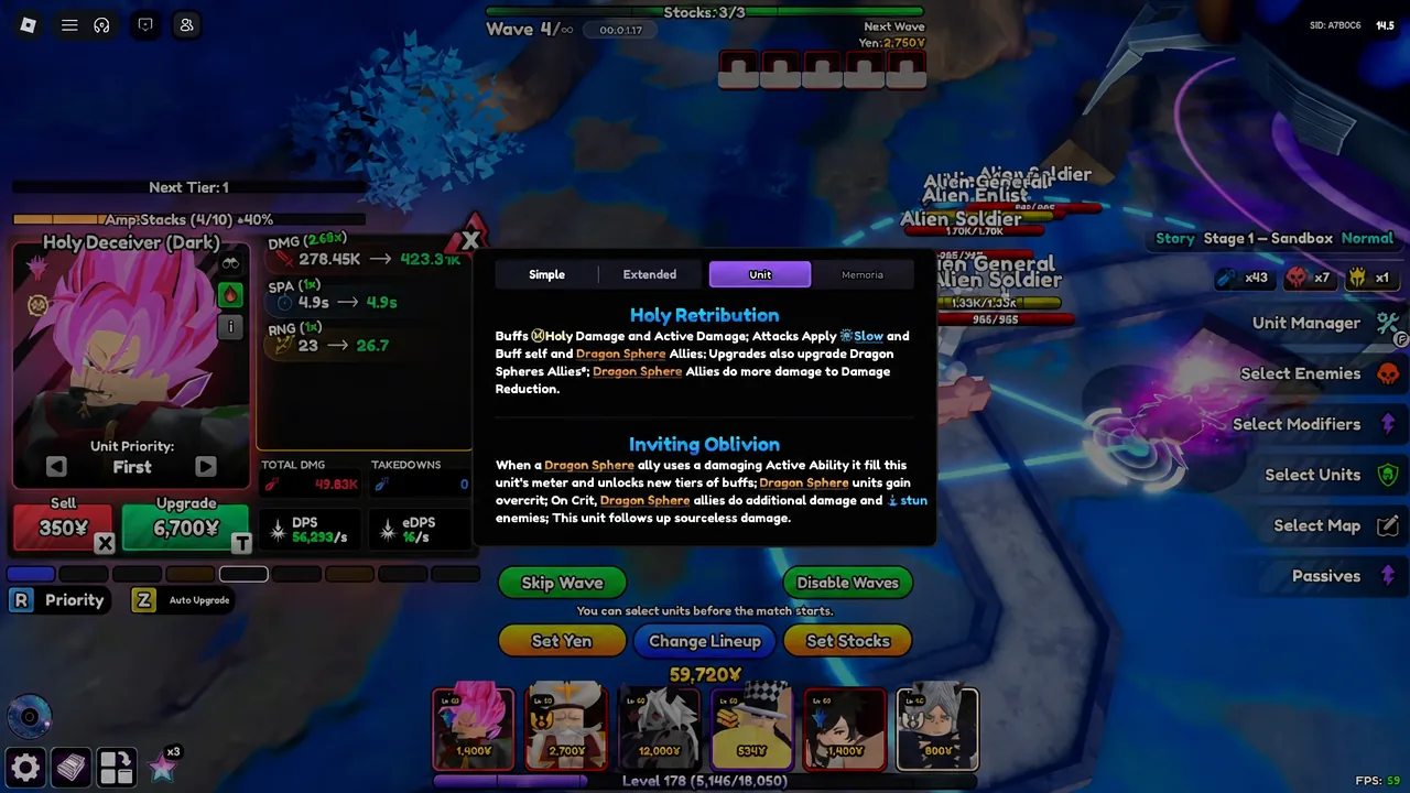 Unit detail tab for Holy Deceiver (Dark) listing its Holy Retribution and Inviting Oblivion abilities