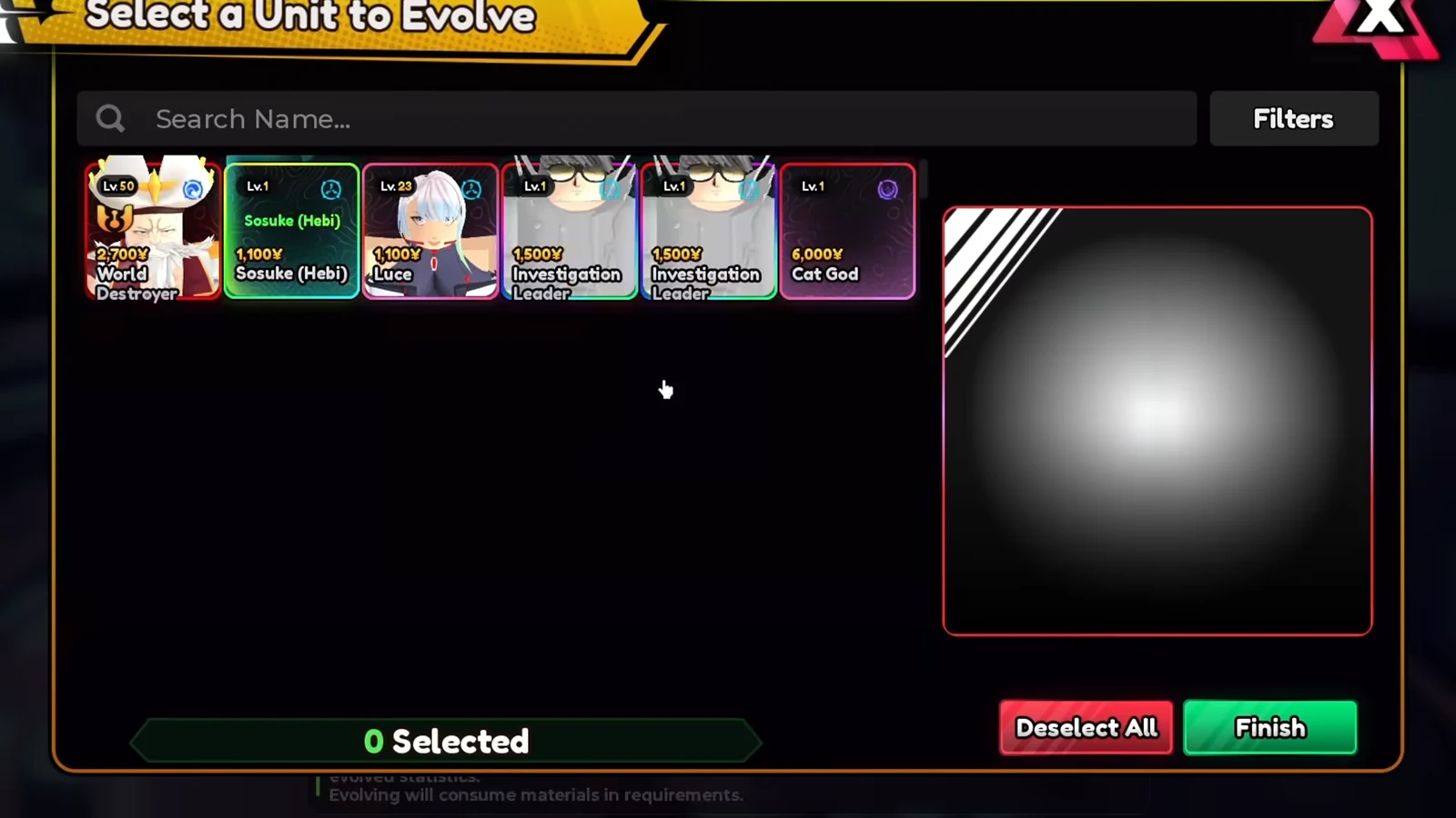 Unit selection screen showing a grid of unit cards with search and filter options above them