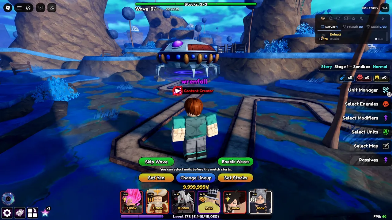 Sandbox stage screen with the unit bar at the bottom and the Enable Waves button available