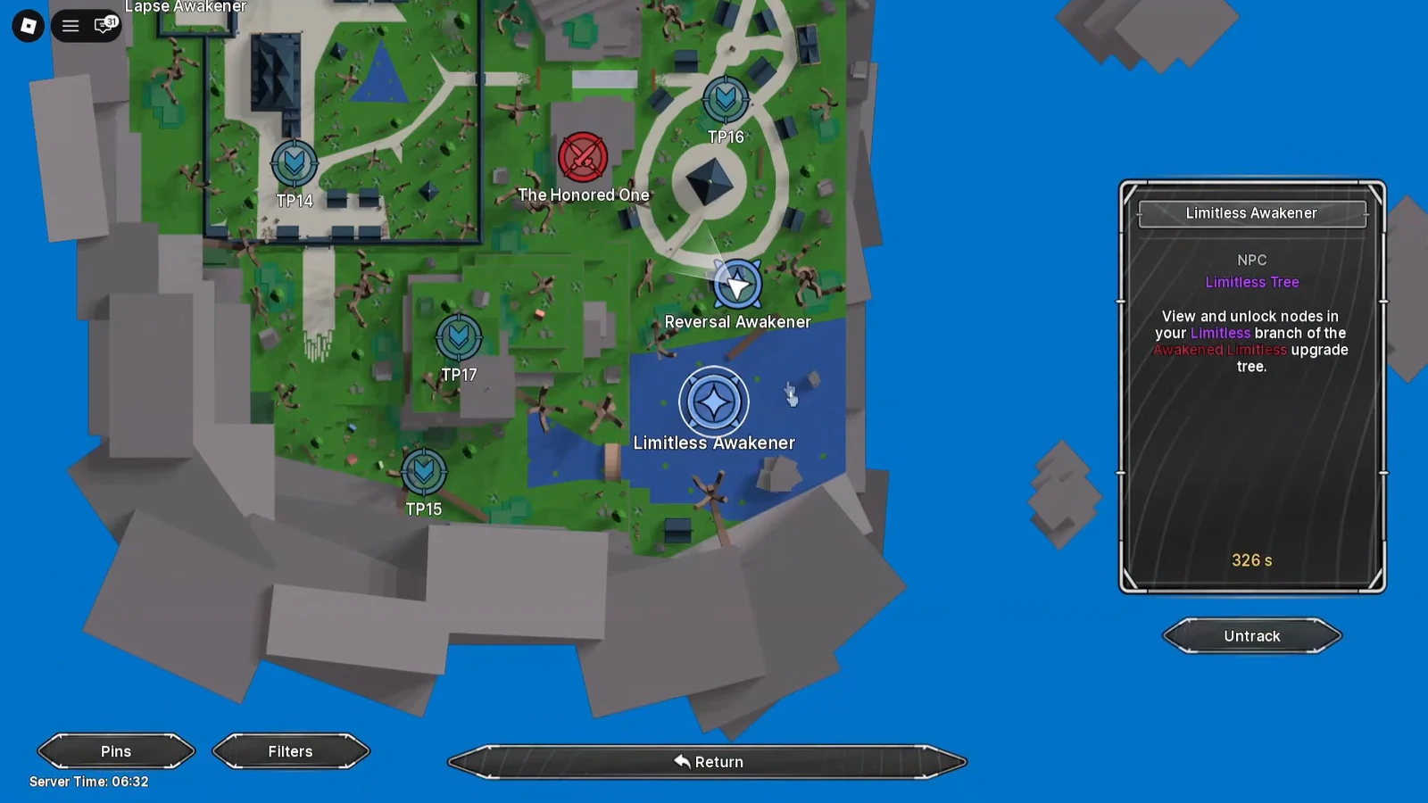 Map screen with the Limitless Awakener NPC selected, showing the Limitless Tree panel