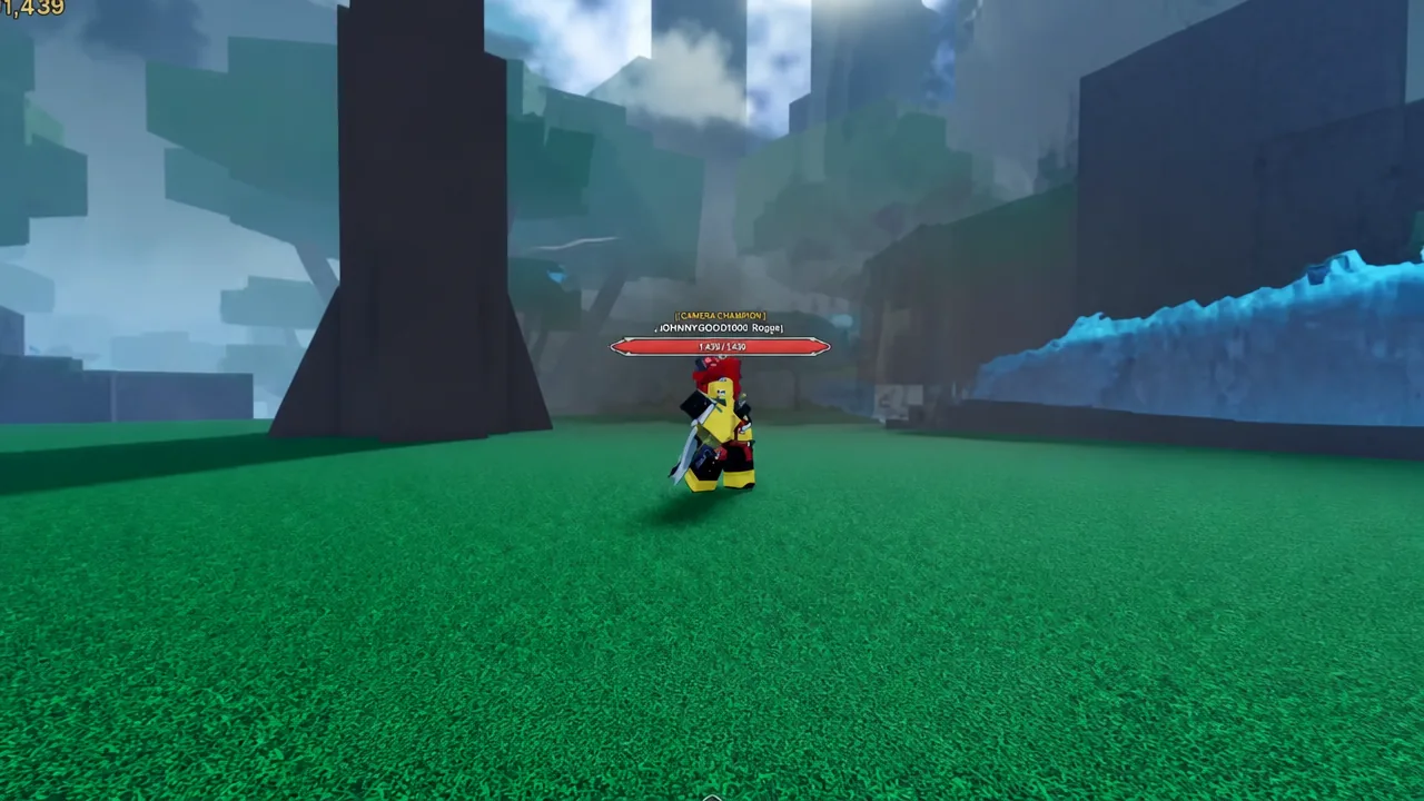 Player character fighting in a grassy arena with a health bar displayed above the target
