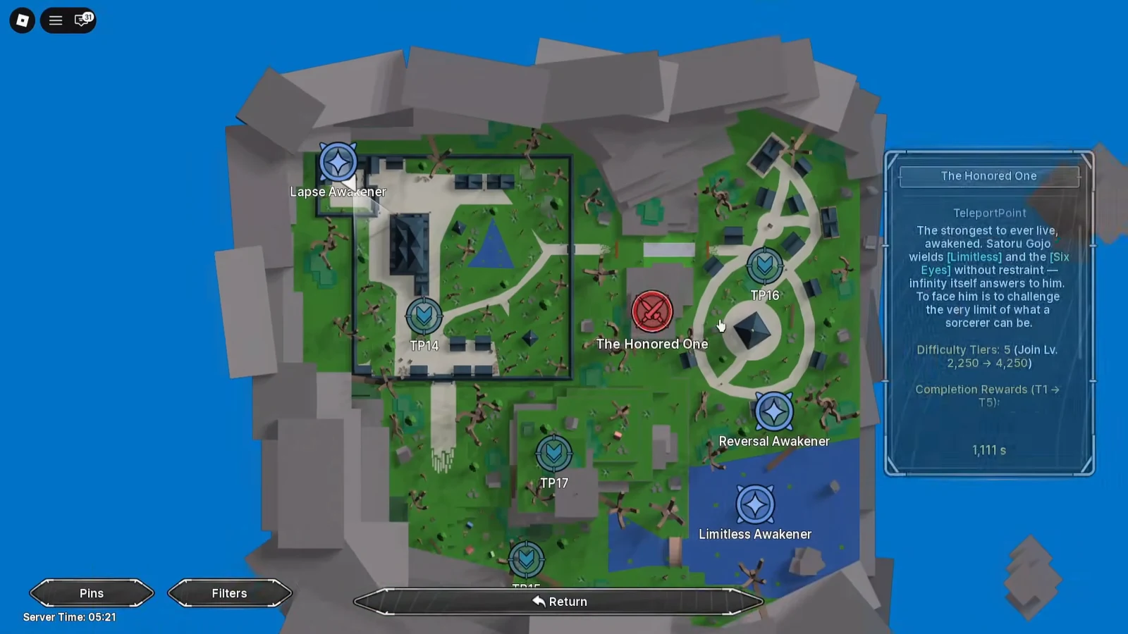 Map panel for The Honored One raid showing difficulty tiers, rewards, and a countdown timer