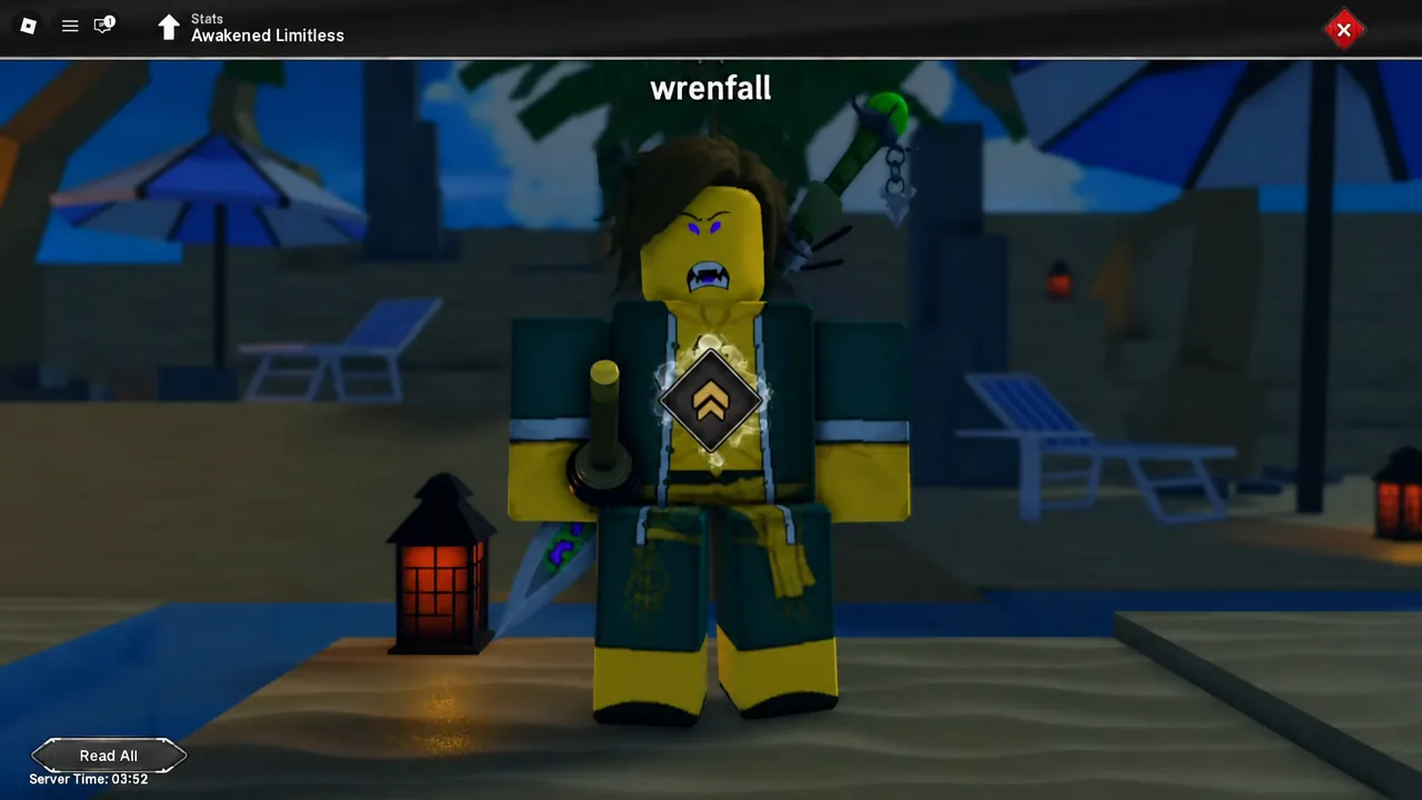 Stats Awakened Limitless screen with the Limitless ability being activated in combat