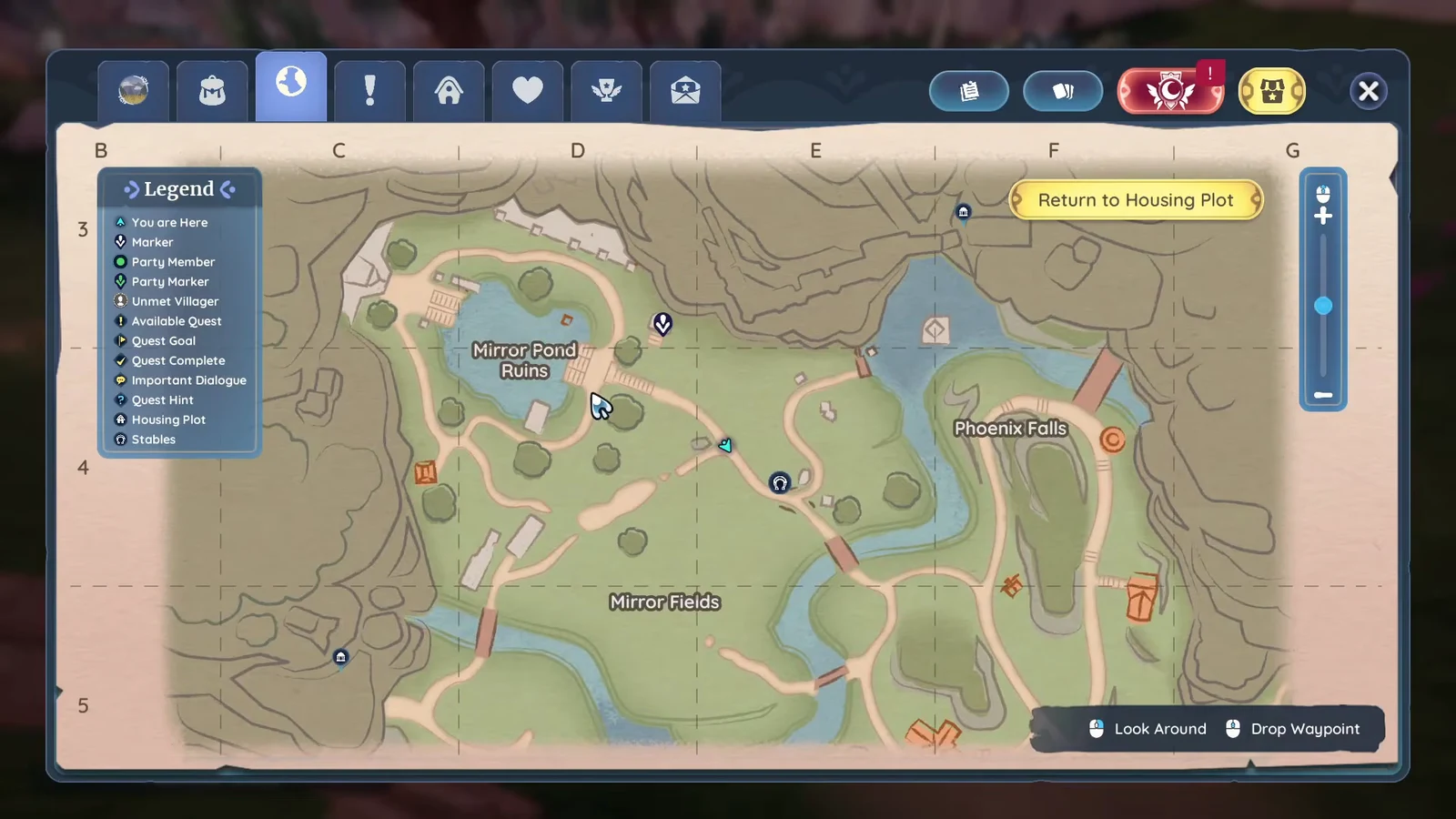 Palia world map open with a waypoint placed near Mirror Fields in Kilima Valley