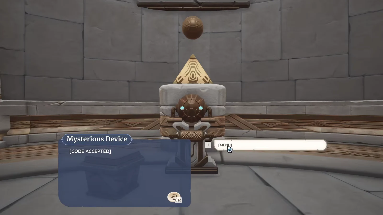 Mysterious Device console reading CODE ACCEPTED with the MENU option highlighted