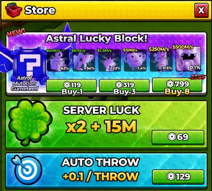 Store menu showing Astral Lucky Block bundles with buy 1, buy 3, and buy 8 options