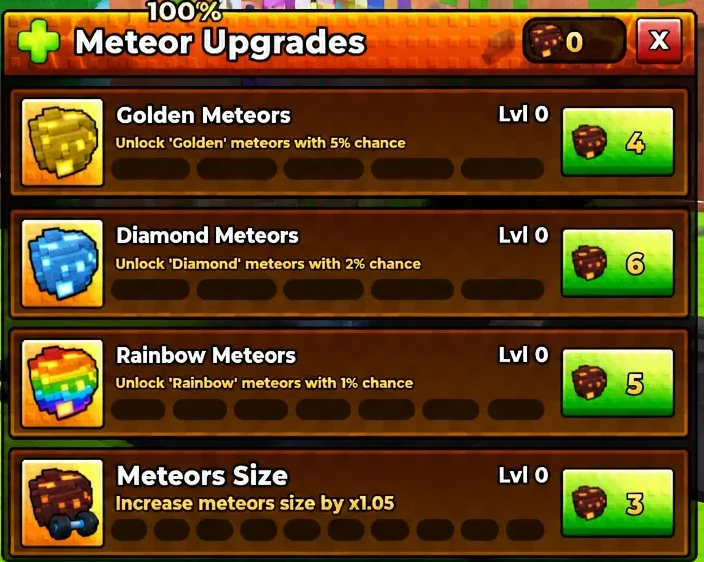 Meteor Upgrades menu open with Golden Meteors and other upgrades listed beside green buy buttons