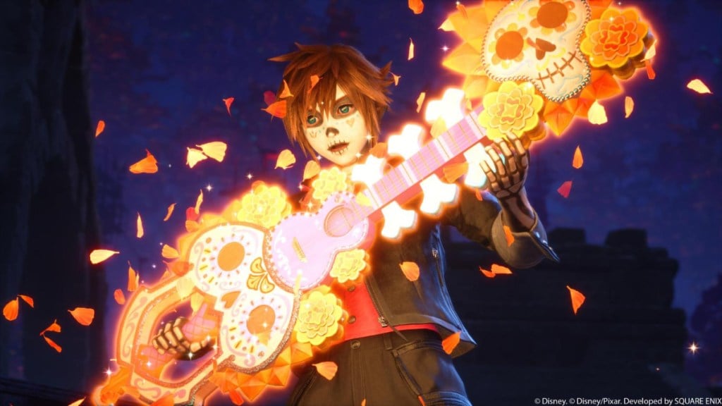 Sora holding the Kingdom Key at the Day of the Dead festival in Kingdom Hearts 4